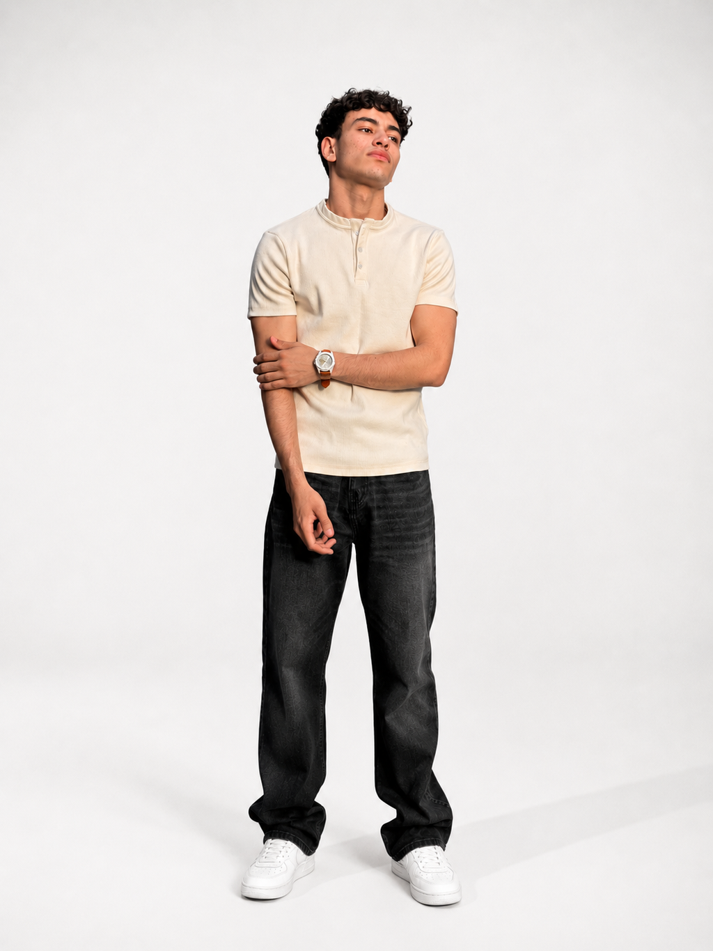 Spring off-white Henley shirt with three-button placket and long sleeves, displayed on a neutral background.