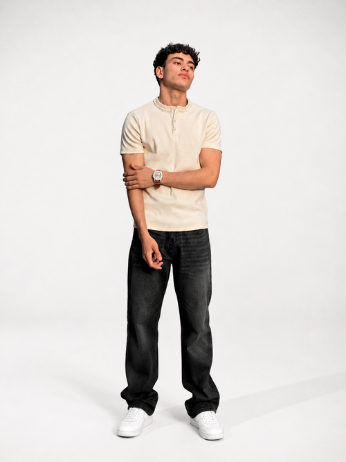 Spring off-white Henley shirt with three-button placket and long sleeves, displayed on a neutral background.