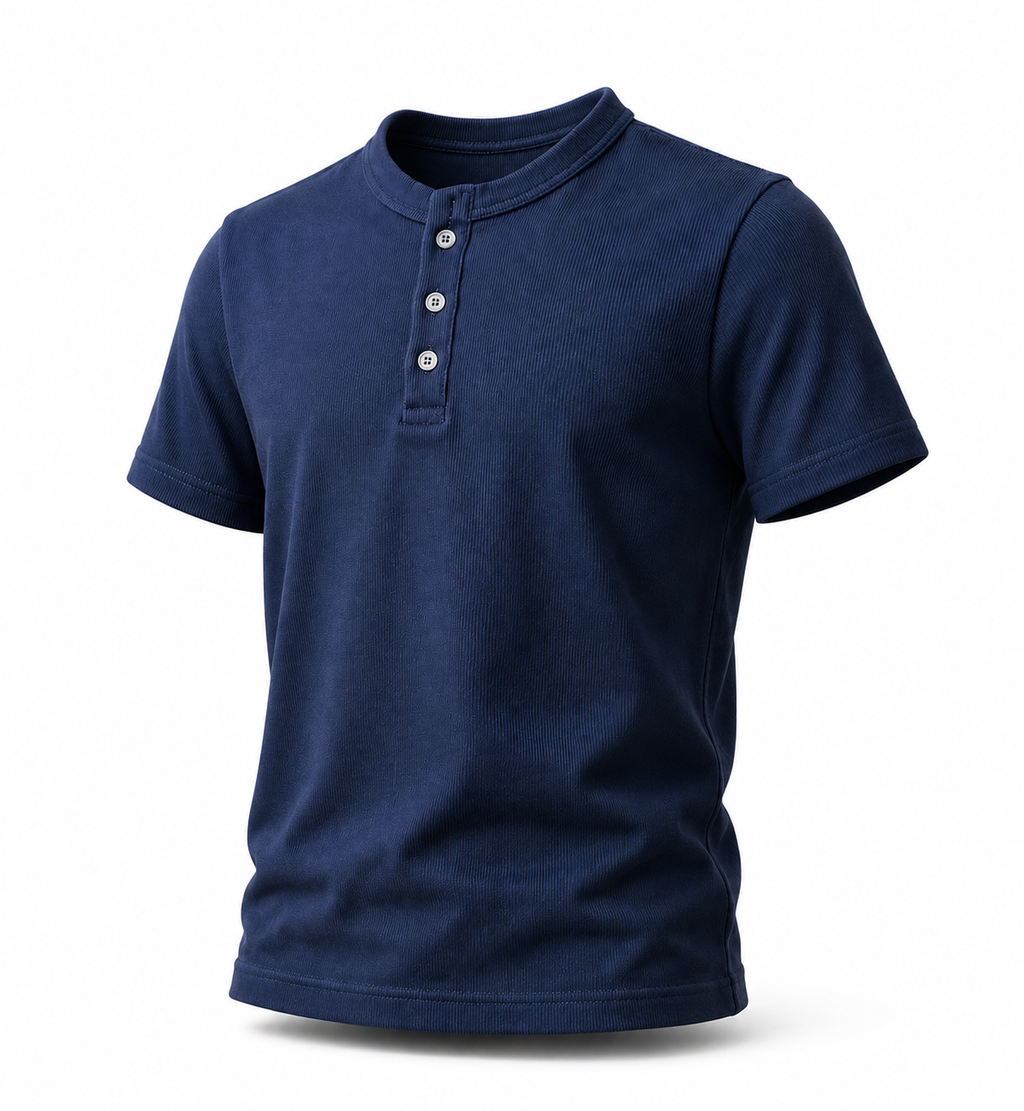 Navy Spring Henley shirt with buttoned placket and long sleeves, casual men's top made from soft fabric.