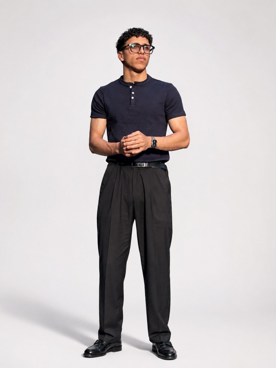 Spring navy henley shirt, casual men's long-sleeve henley with button placket, displayed on a plain background.