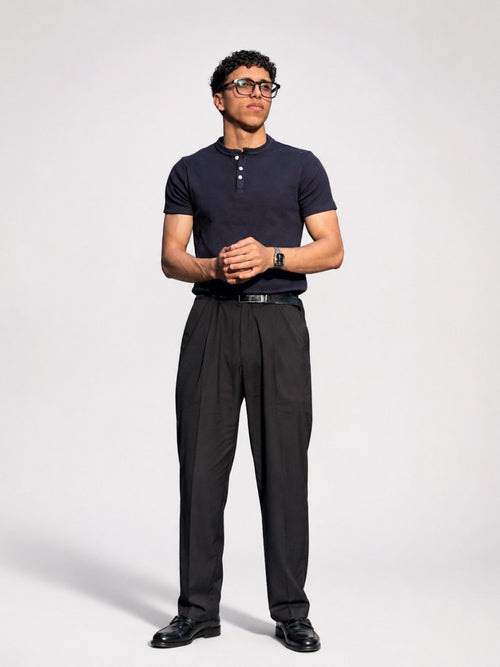 Spring navy henley shirt, casual men's long-sleeve henley with button placket, displayed on a plain background.
