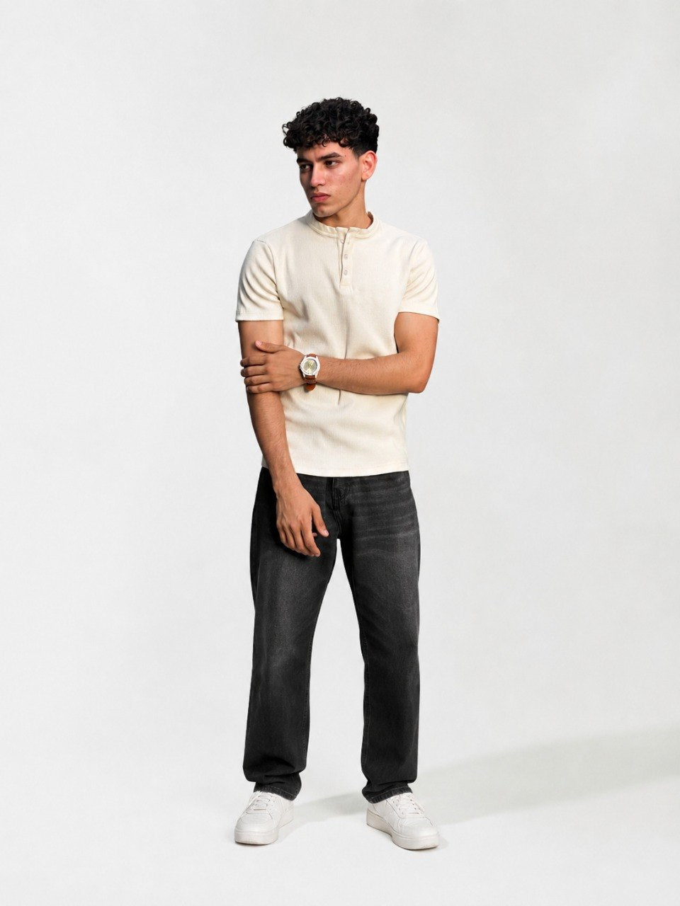 Spring off-white Henley shirt, men's casual long-sleeve top with button placket, displayed flat against a neutral background.
