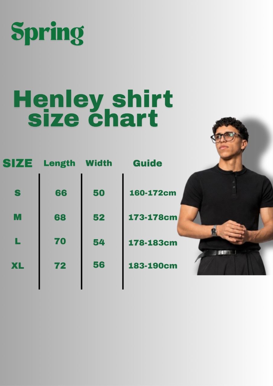 Spring black henley shirt with long sleeves and button placket, displayed on a neutral background.