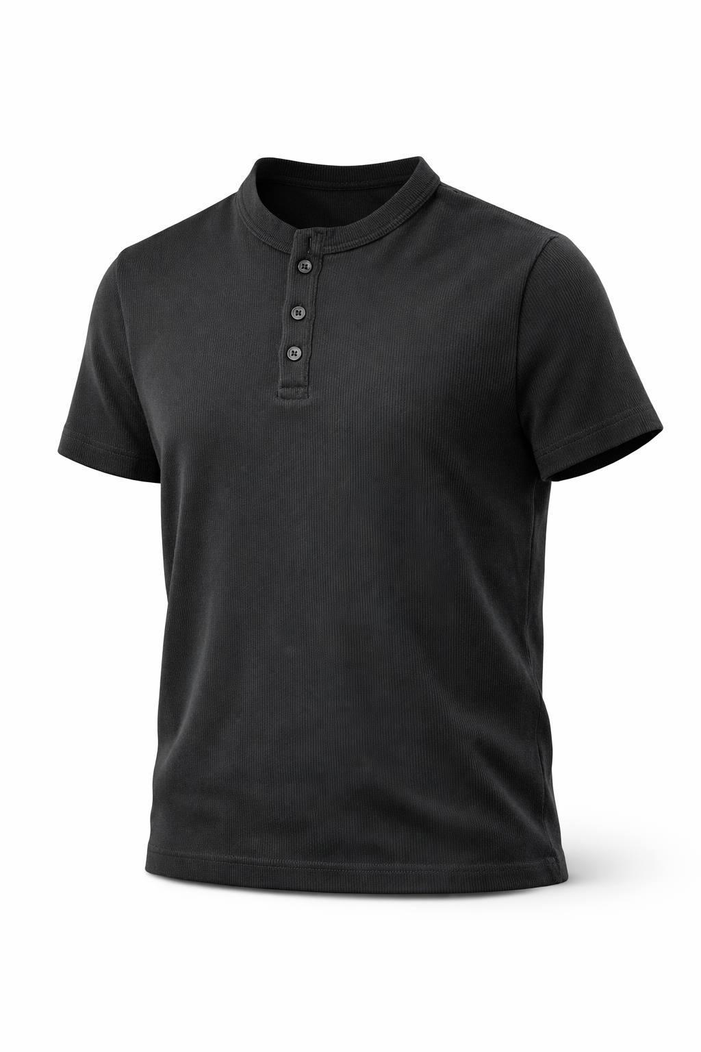 Spring black Henley shirt featuring a round neckline and button placket, displayed on a plain background.