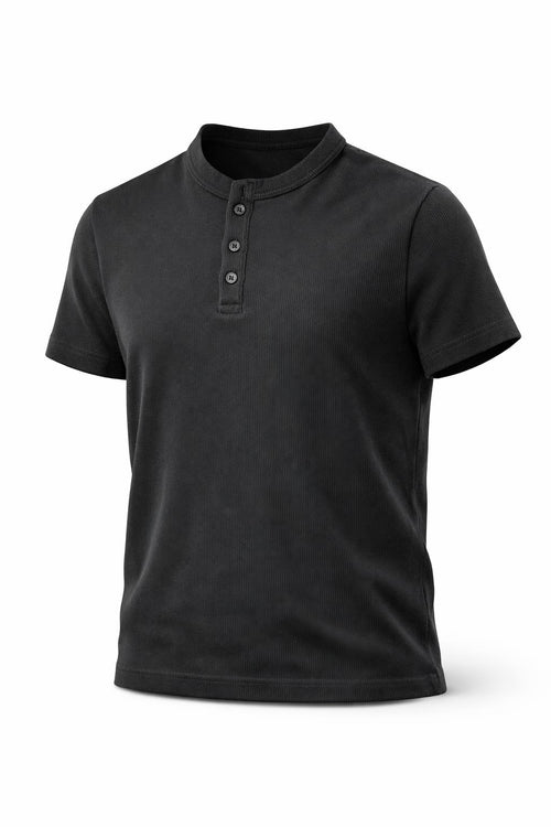 Spring black Henley shirt featuring a round neckline and button placket, displayed on a plain background.