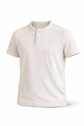 Off-white Spring Henley shirt displayed on a hanger, featuring a buttoned neckline and casual fit for everyday wear.